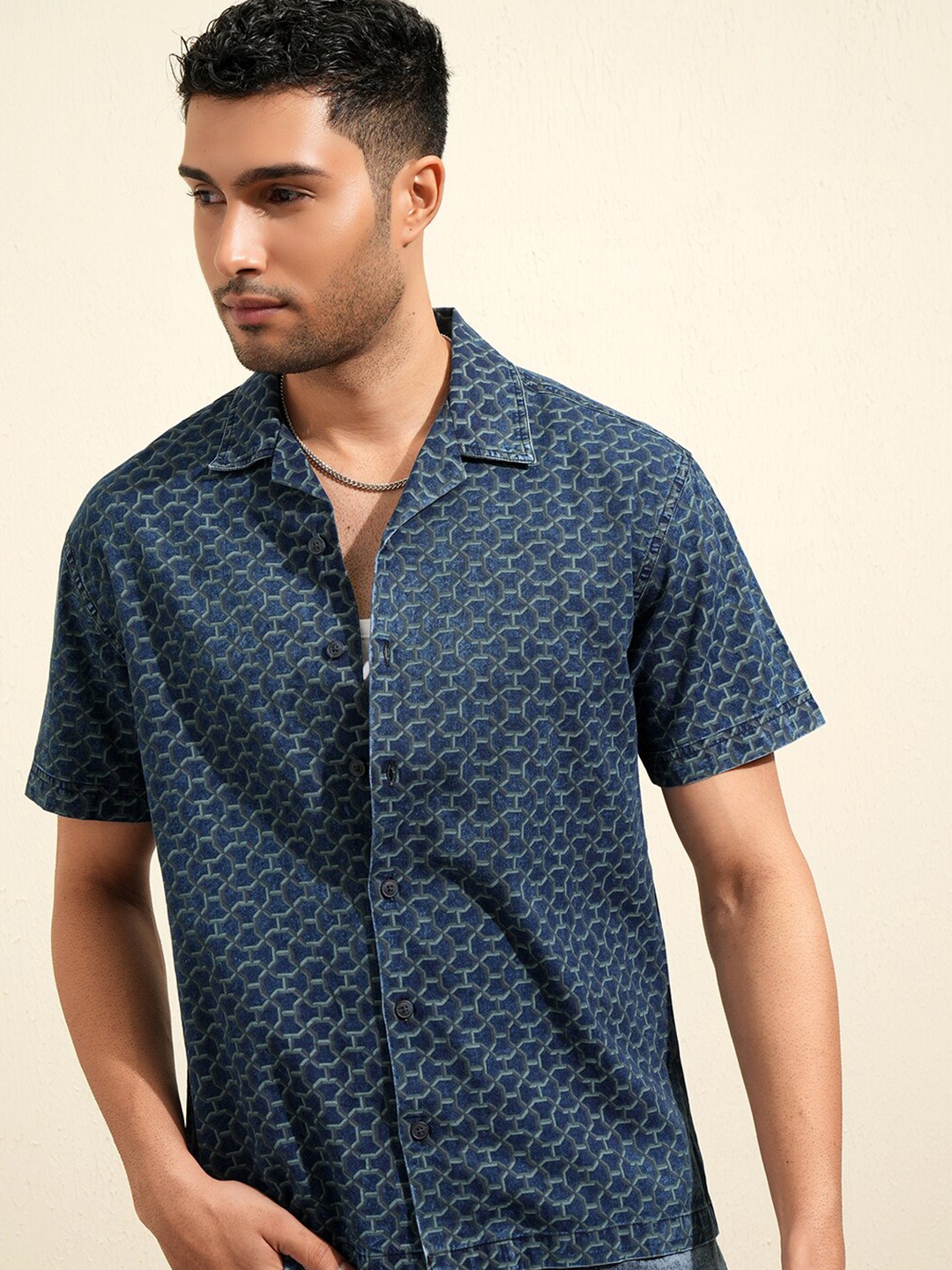 

LOCOMOTIVE Premium Blue Indigo Washed Printed Cuban Collar Relaxed Shirt