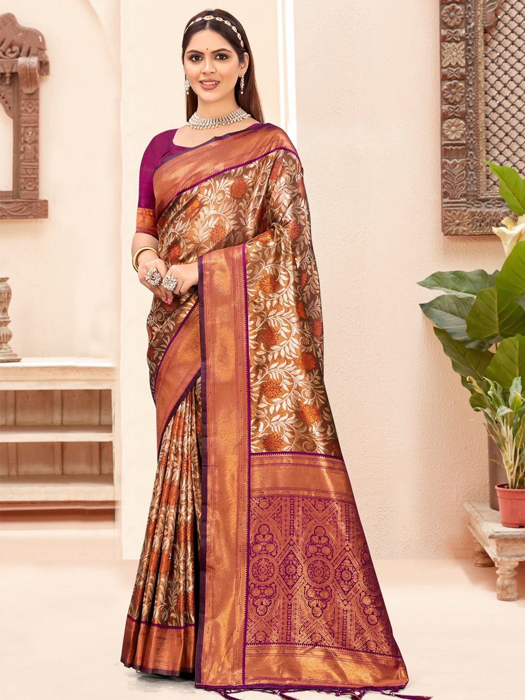 

SANGAM PRINTS Woven Design Zari Tussar Saree, Purple