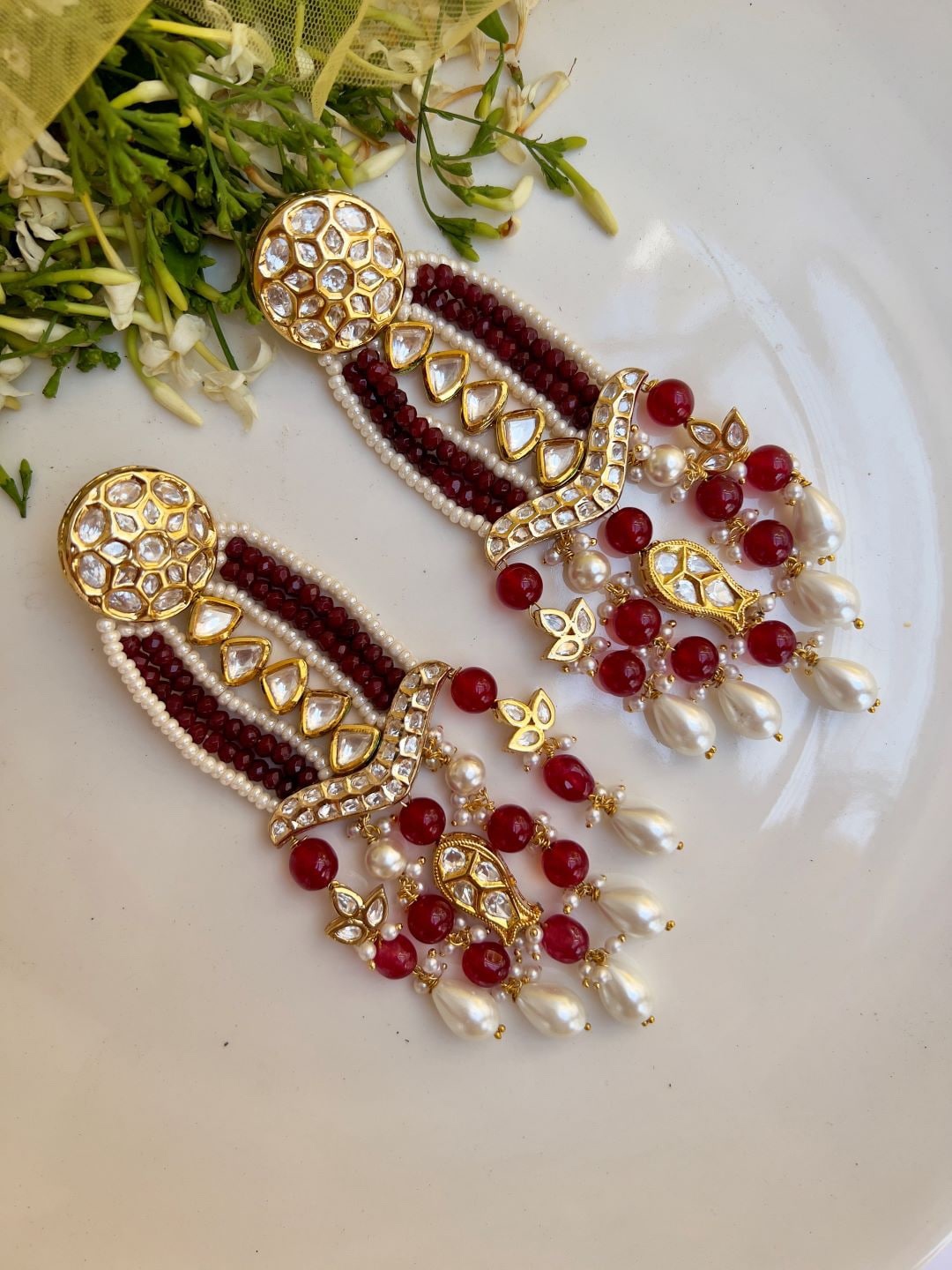 

XAGO Gold-Plated Contemporary Kundan Chandbalis, Maroon