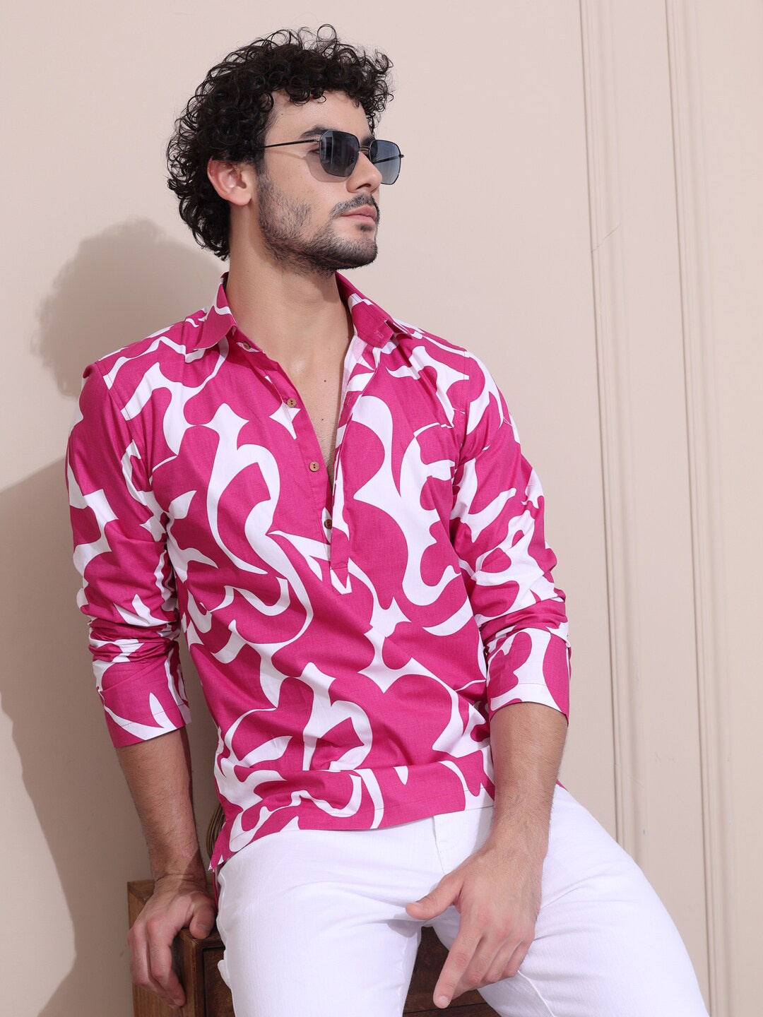 

MIDAV Classic Abstract Printed Short Sleeves Cotton Casual Shirt, Pink