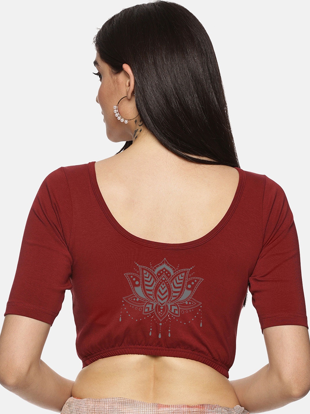 

NOT YET by us Round Neck Short Sleeves Printed Stretchable Saree Blouse, Maroon