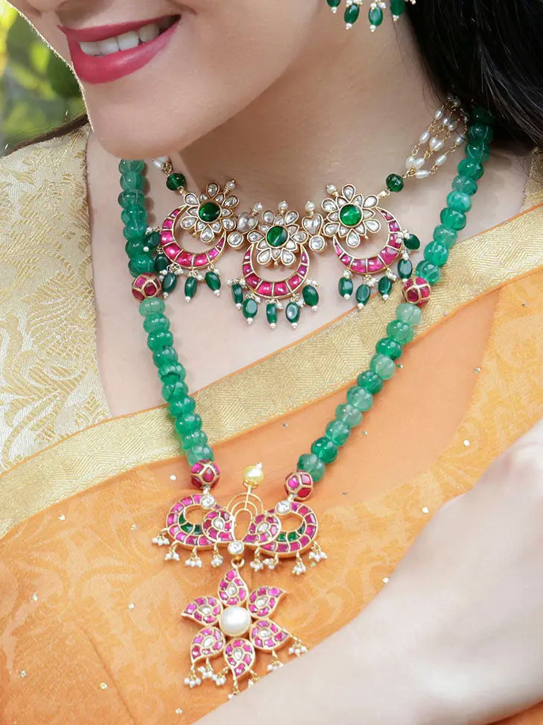 

Unniyarcha Artificial Stones and Beads 92.5 Silver Gold Plated Necklace