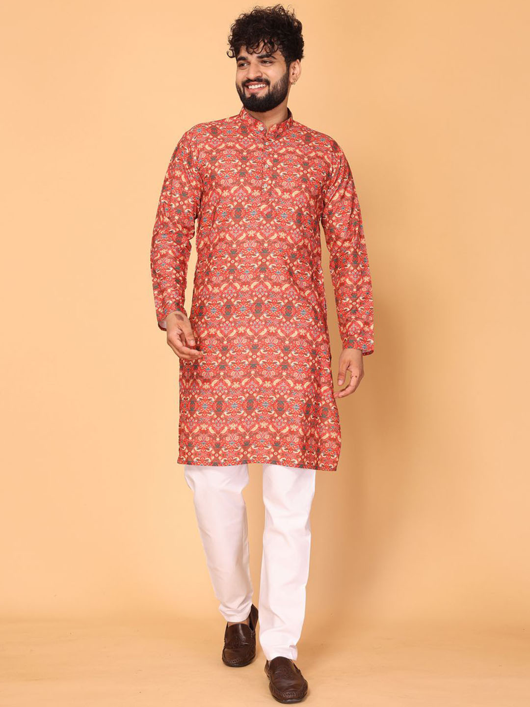 

Fashion FRICKS Men Ethnic Motifs Printed Regular Kurta with Pyjamas, Red