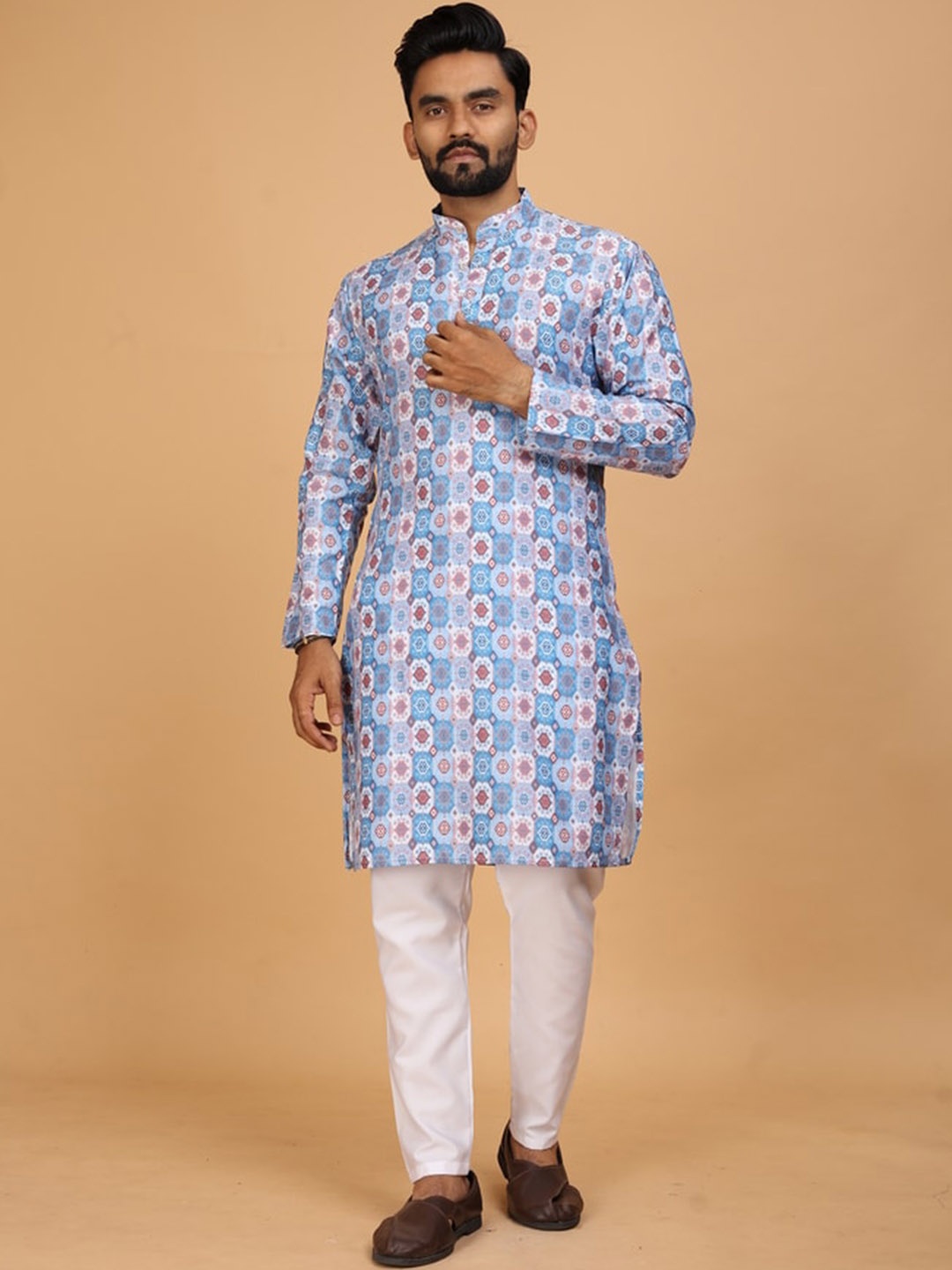 

Fashion FRICKS Men Ethnic Motifs Printed Regular Kurta with Pyjamas, Blue