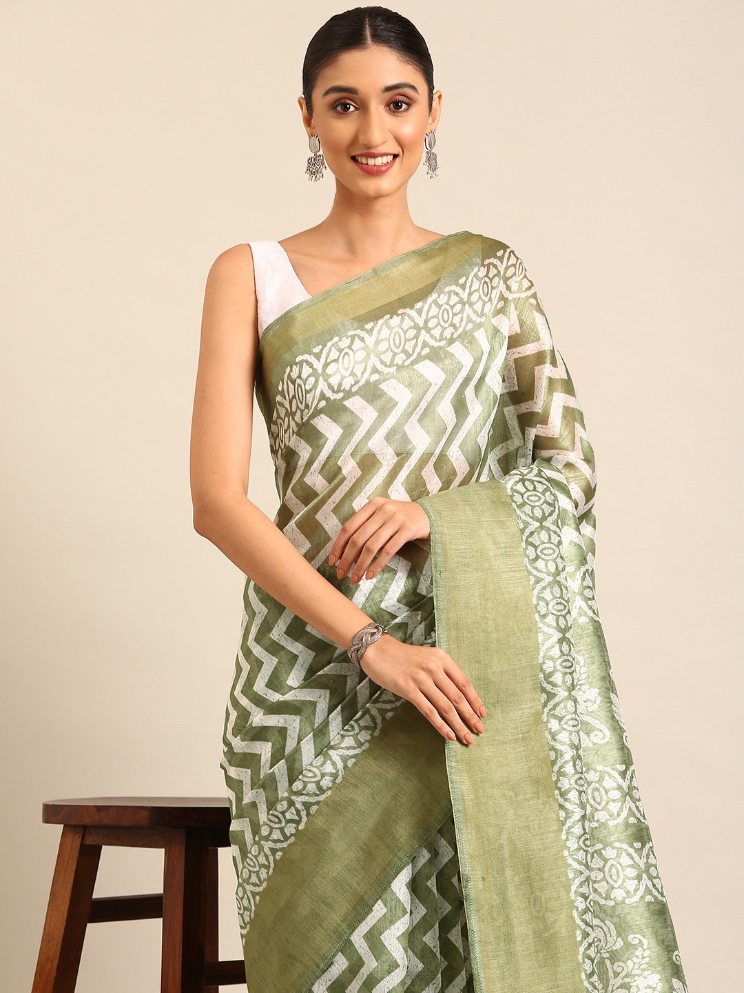 

HERE&NOW Zari Block Print Saree, Olive