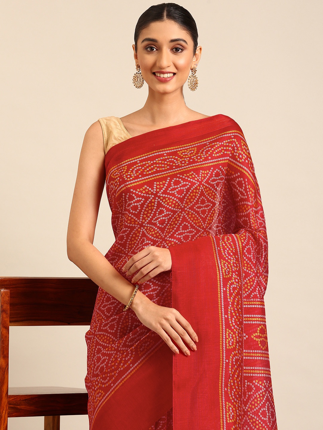 

HERE&NOW Bandhani Zari Saree, Red