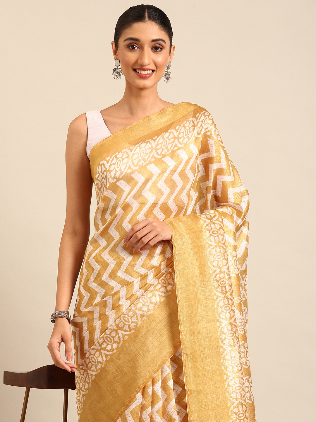 

HERE&NOW Zari Block Print Saree, Yellow