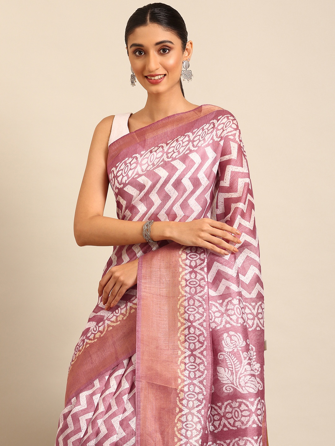 

HERE&NOW Zari Block Print Saree, Pink