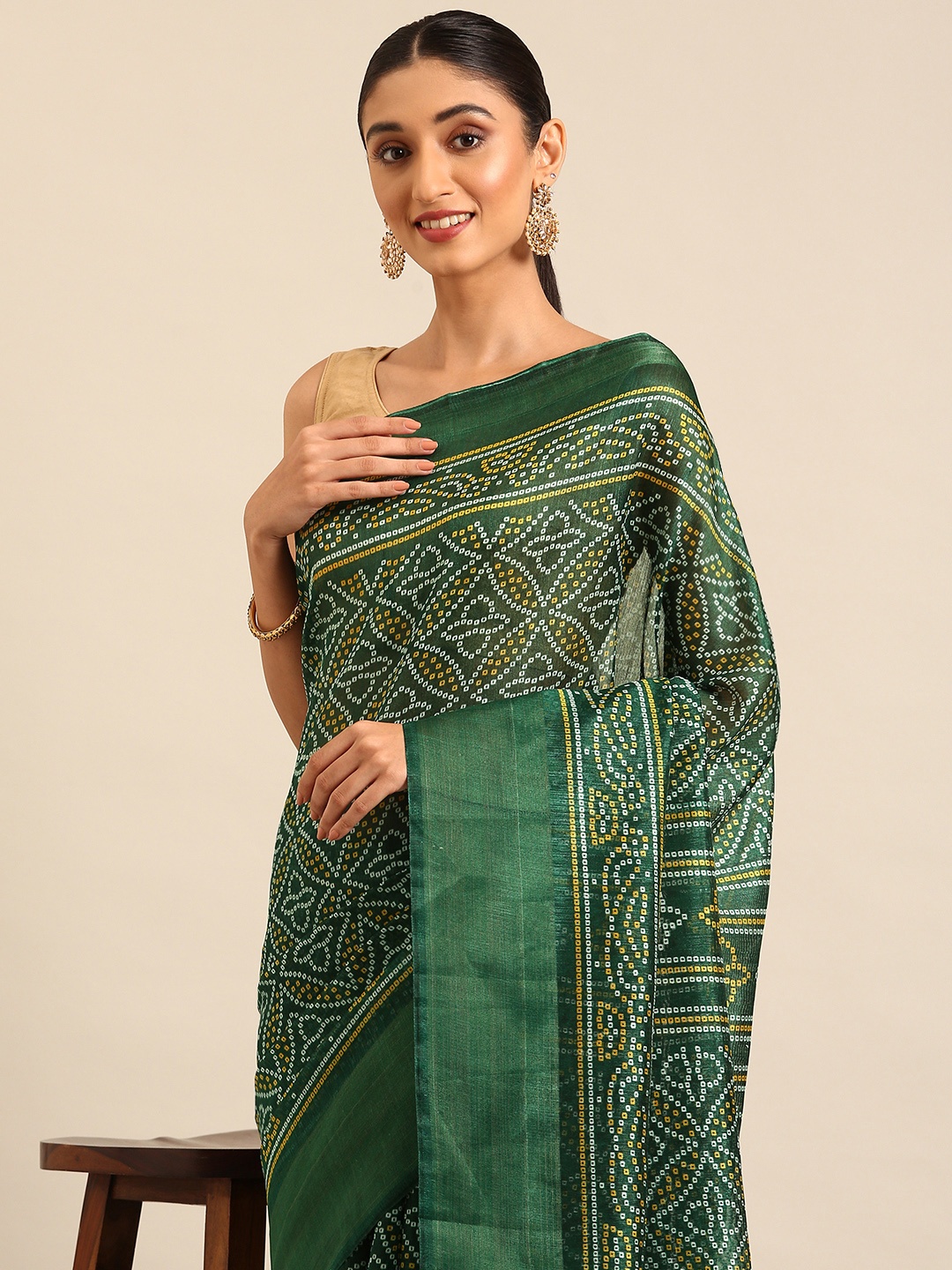 

HERE&NOW Bandhani Zari Saree, Green