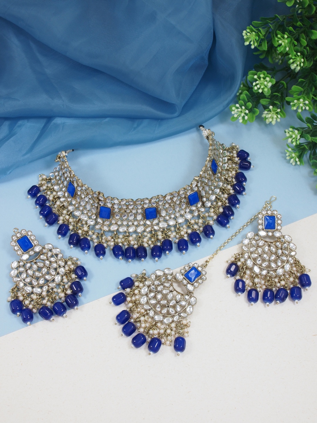 

I Jewels Gold-Plated Kundan & Pearl Beaded Jewellery Set, Silver