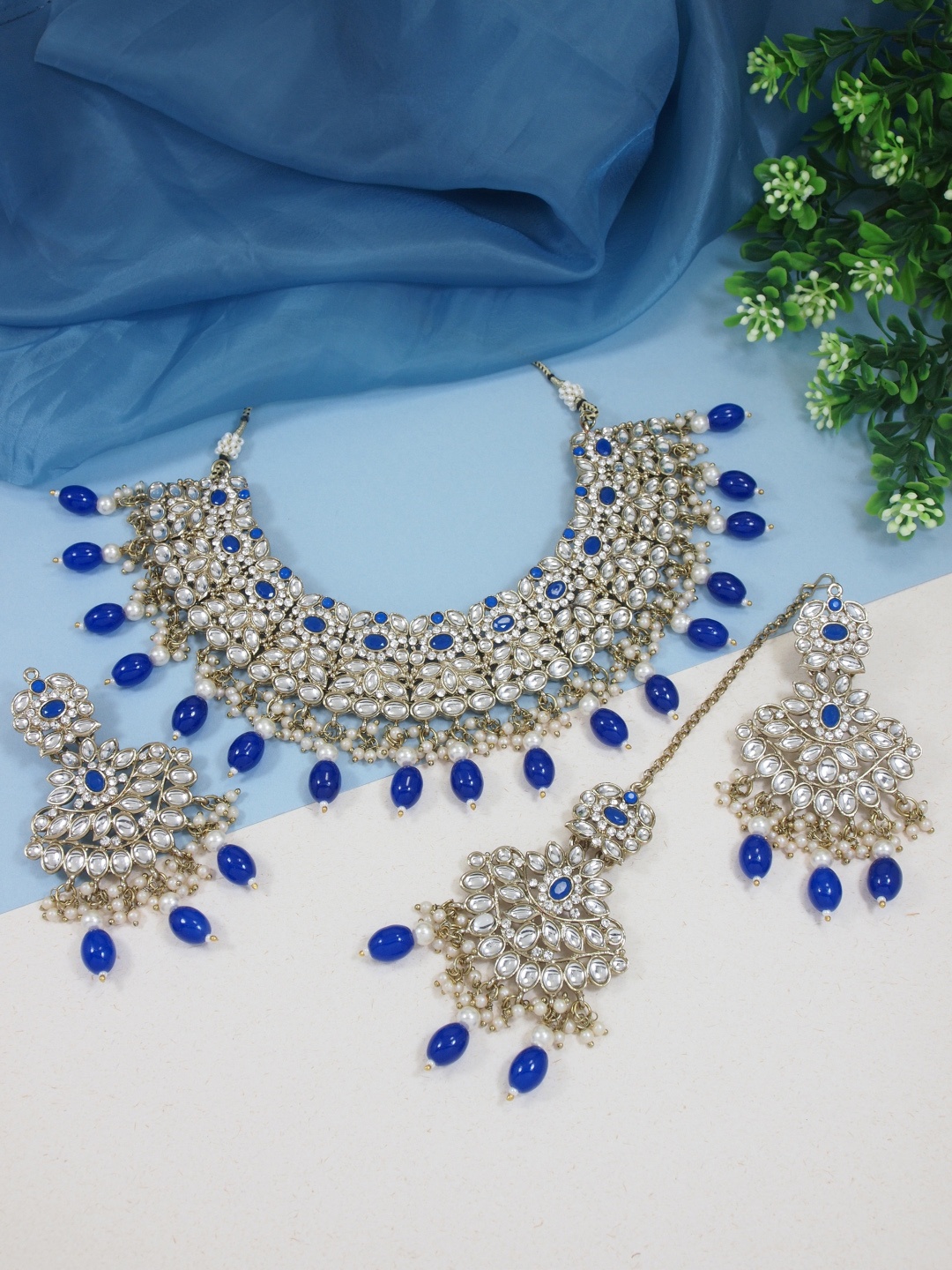 

I Jewels Gold-Plated Kundan & Pearl Beaded Jewellery Set