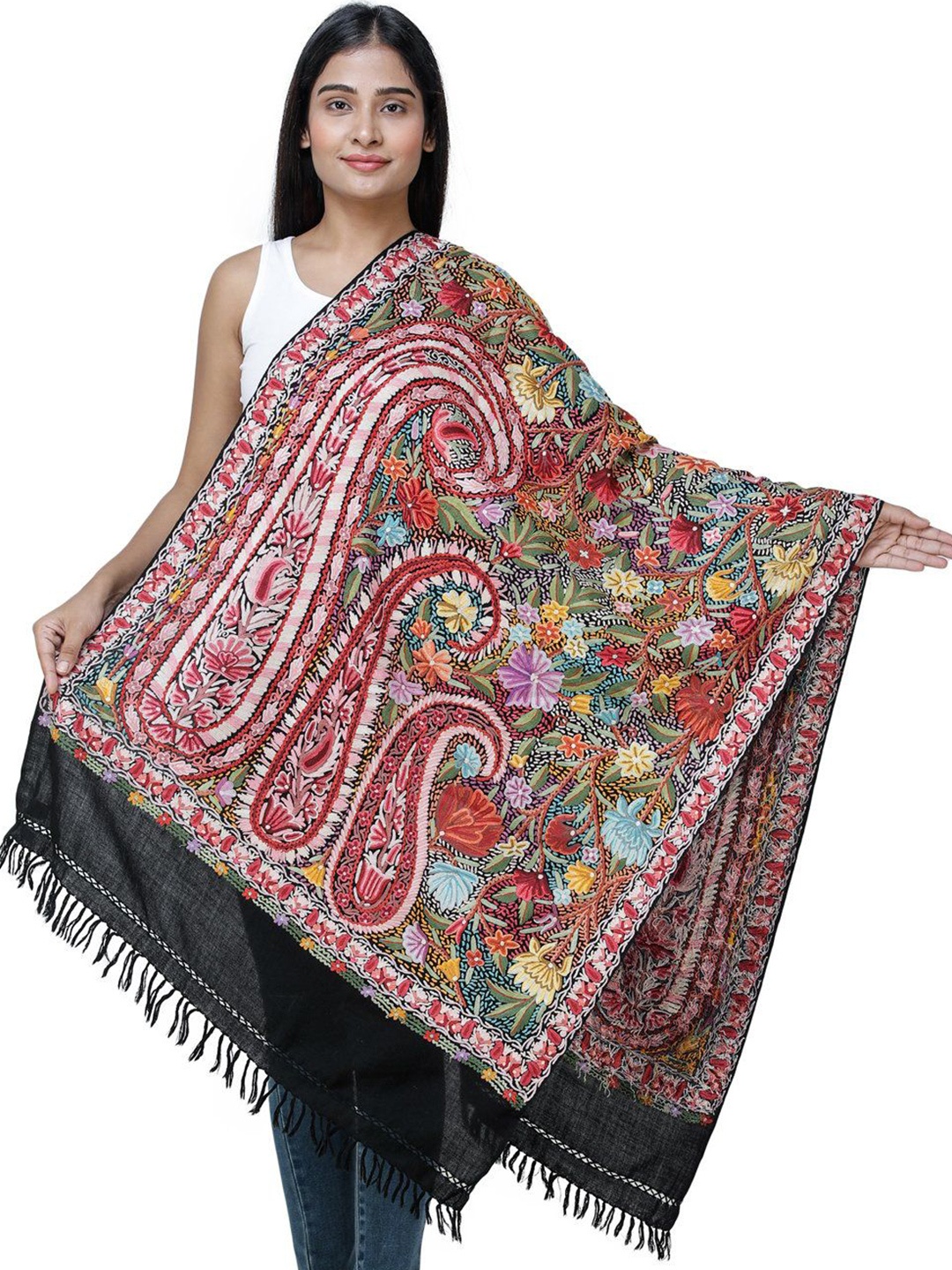 

Exotic India Bristol Black Aari Kashmiri Stole with Hand-Embroidered Paisleys & Flowers