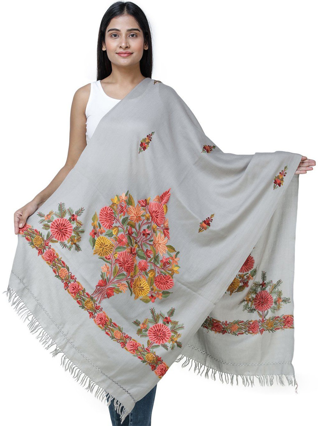 

Exotic India Ash Traditional Woolen Kashmiri Stole with Hand-Embroidered Flowers, Grey