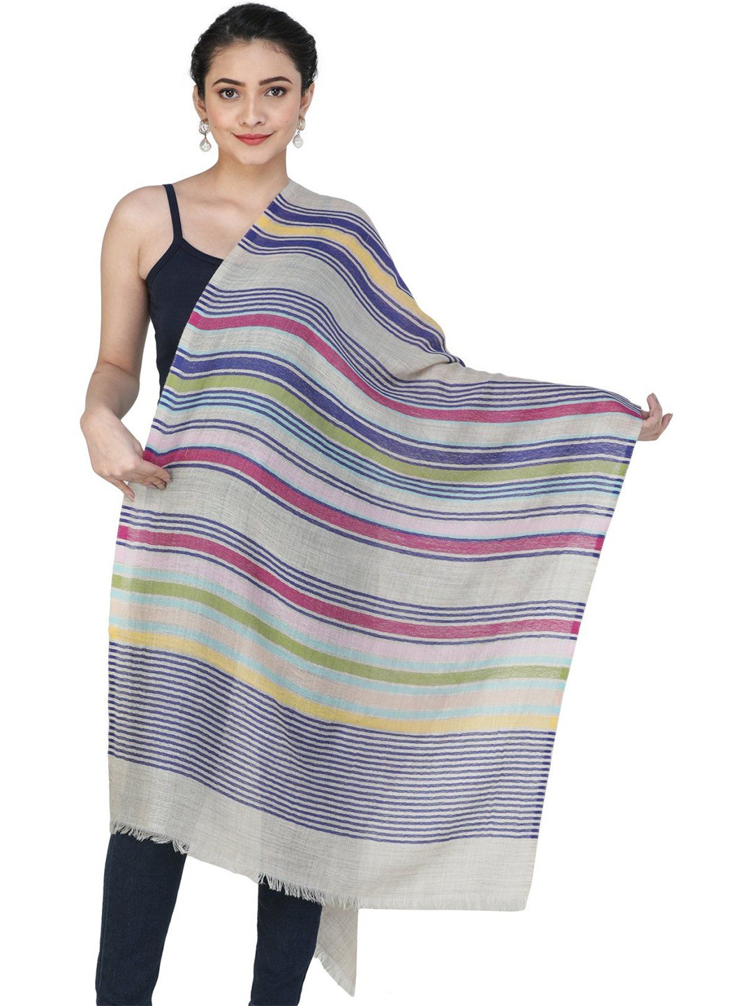 

Exotic India Oyster Gray Pure Wool Stole with Woven Stripes in Multicolor Thread, Grey