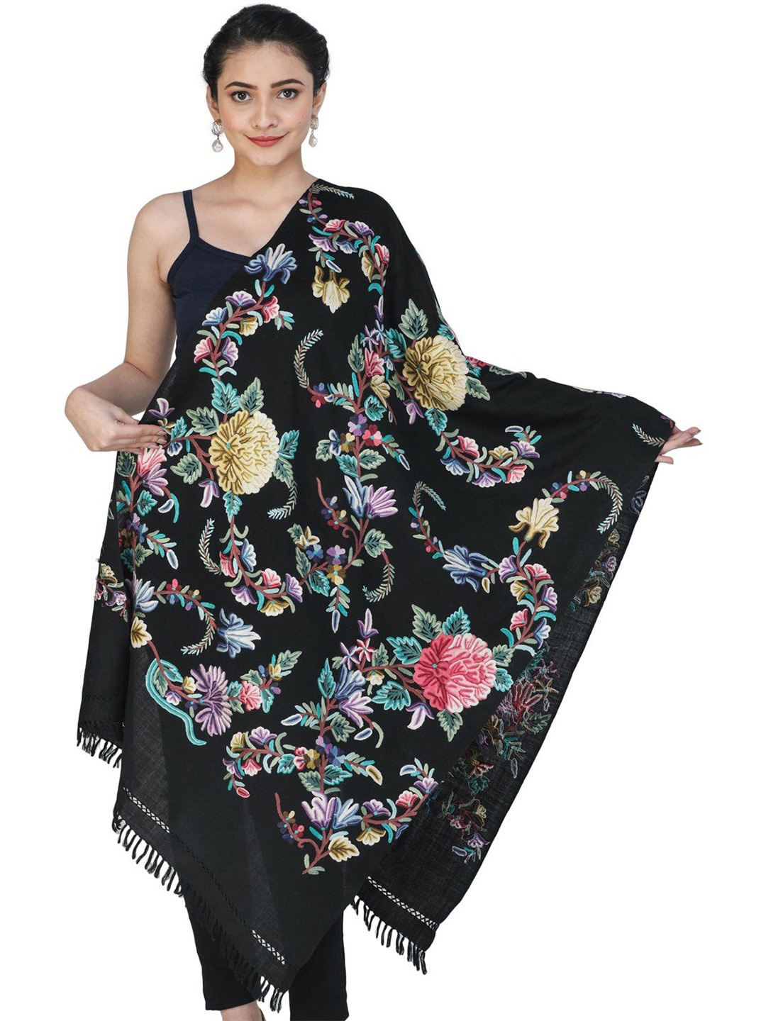 

Exotic India Ice Black Aari Hand-Embroidered Floral Motifs Woolen Kashmiri Stole