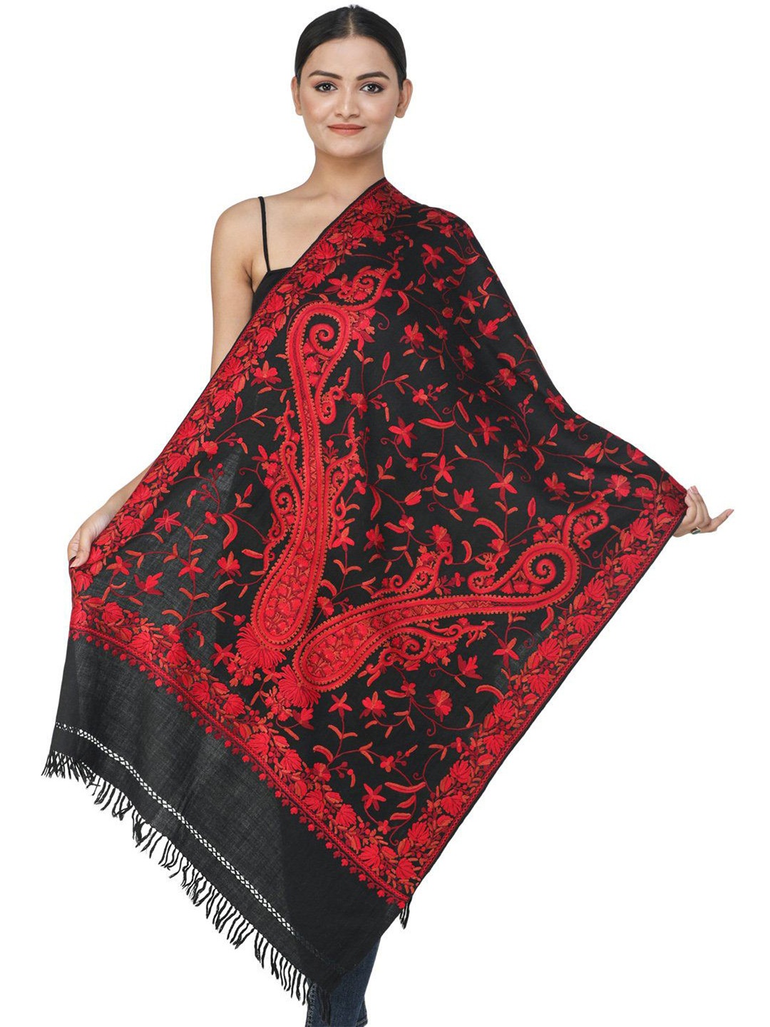 

Exotic India Black Aari Hand-Embroidered Red Paisleys and Chinar Leaves Kashmiri Stole