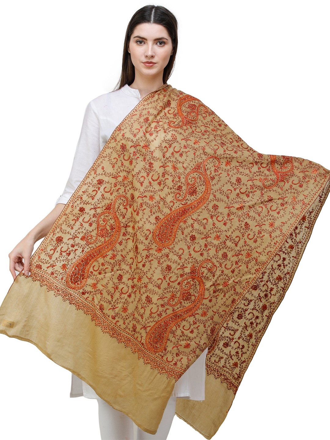 

Exotic India Southern Moss Sozni Hand-Embroidered Floral Vines and Paisleys Tusha Stole, Beige
