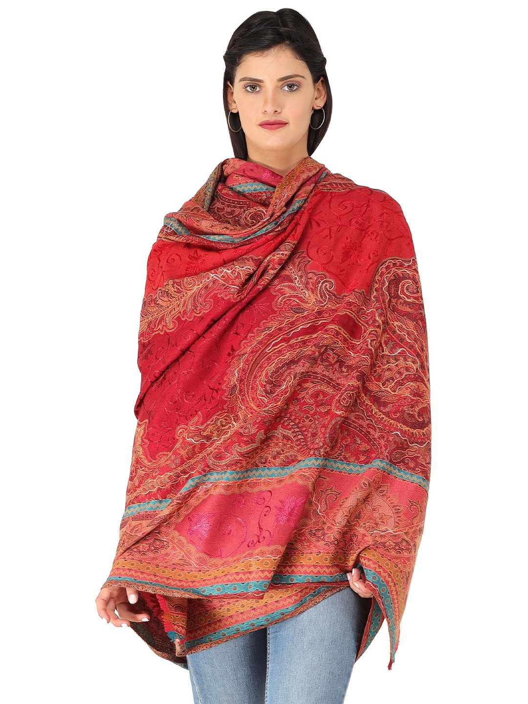 

Exotic India Red Jamawar Stole withWoven Paisleys in Thread and Aari Embroidery