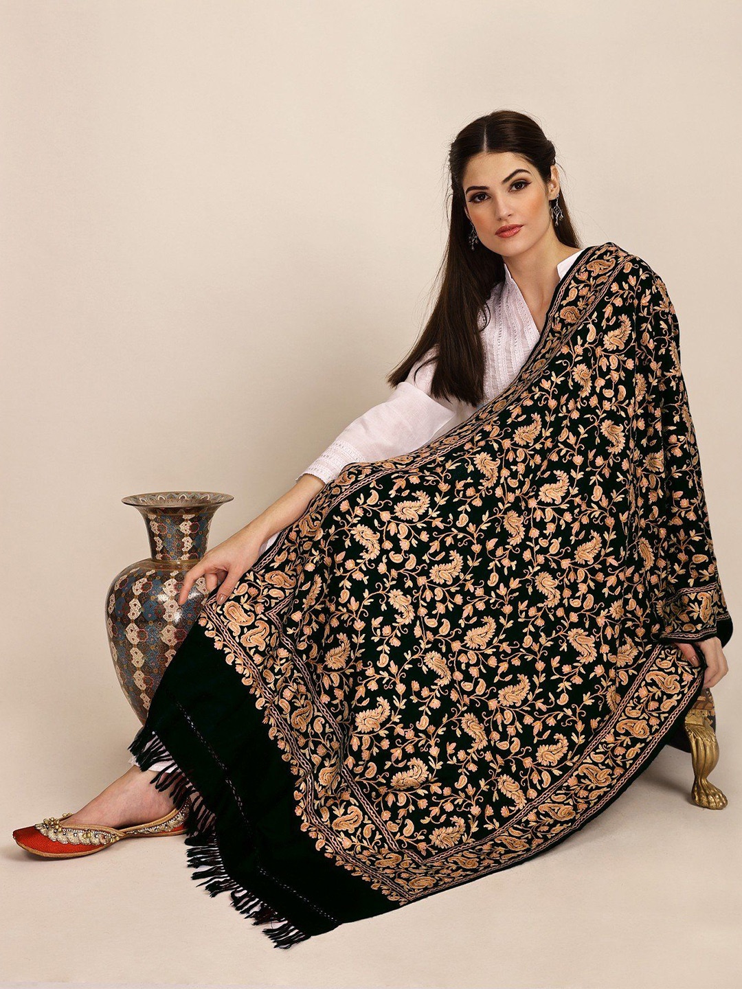 

Exotic India Black Beauty Aari Embroidered Floral and Paisley Woolen Kashmiri Stole