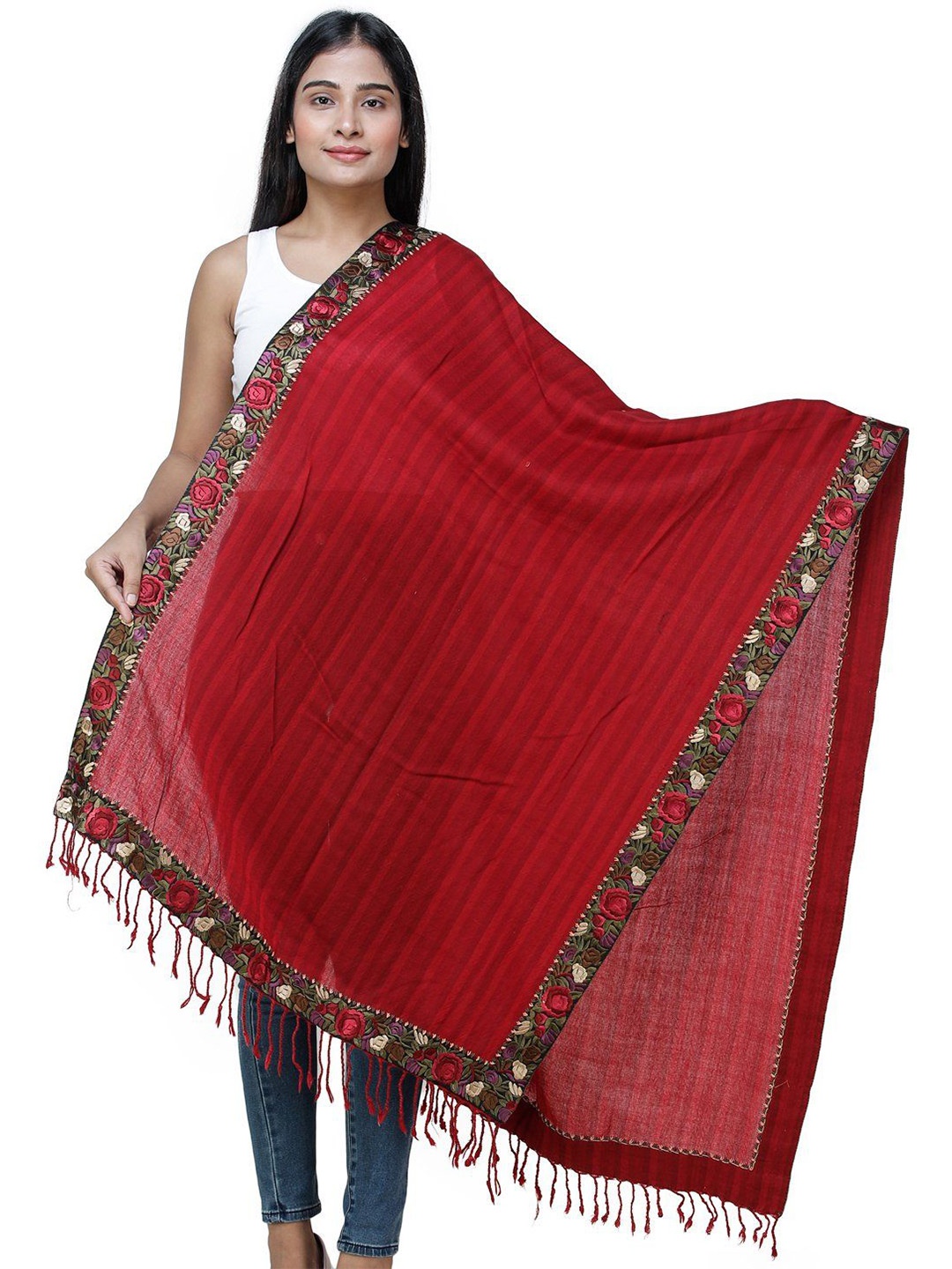 

Exotic India Stripered Stole with Embroidered Patch Border and Woven Stripes, Red