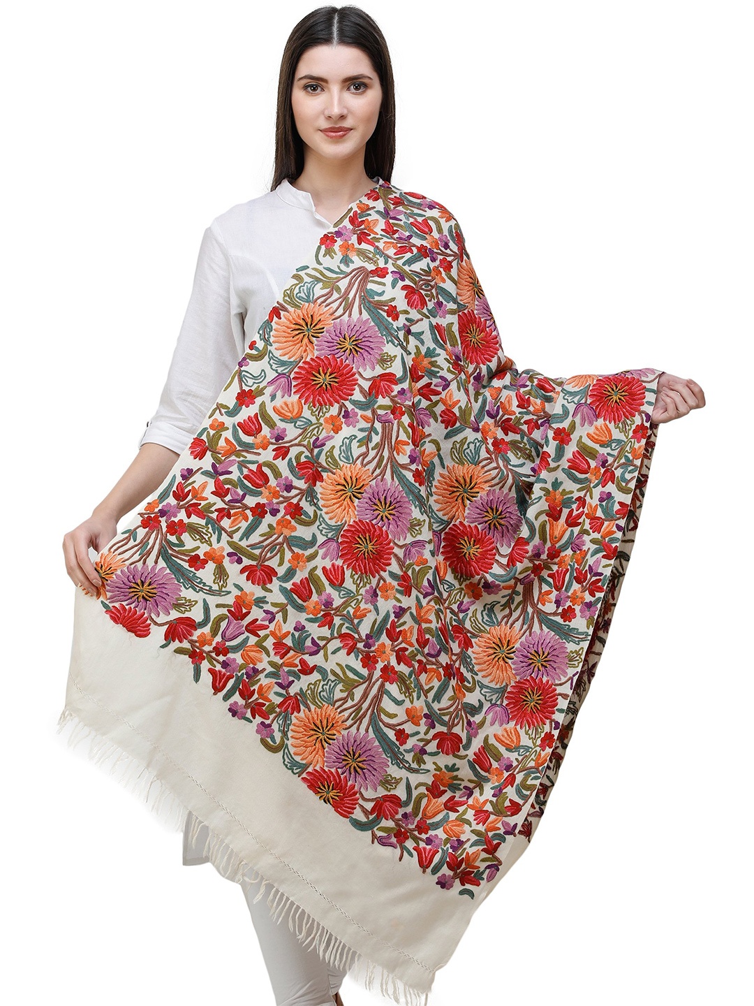 

Exotic India Cream Kashmiri Stole with Hand-Embroidered Multicolor Flowers All-Over