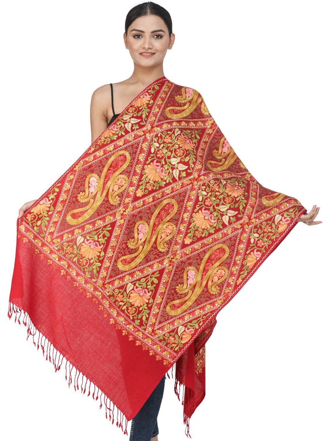 

Exotic India Mustard Red Aari Embroidered Paisley and Flower Pure Wool Kashmiri Stole