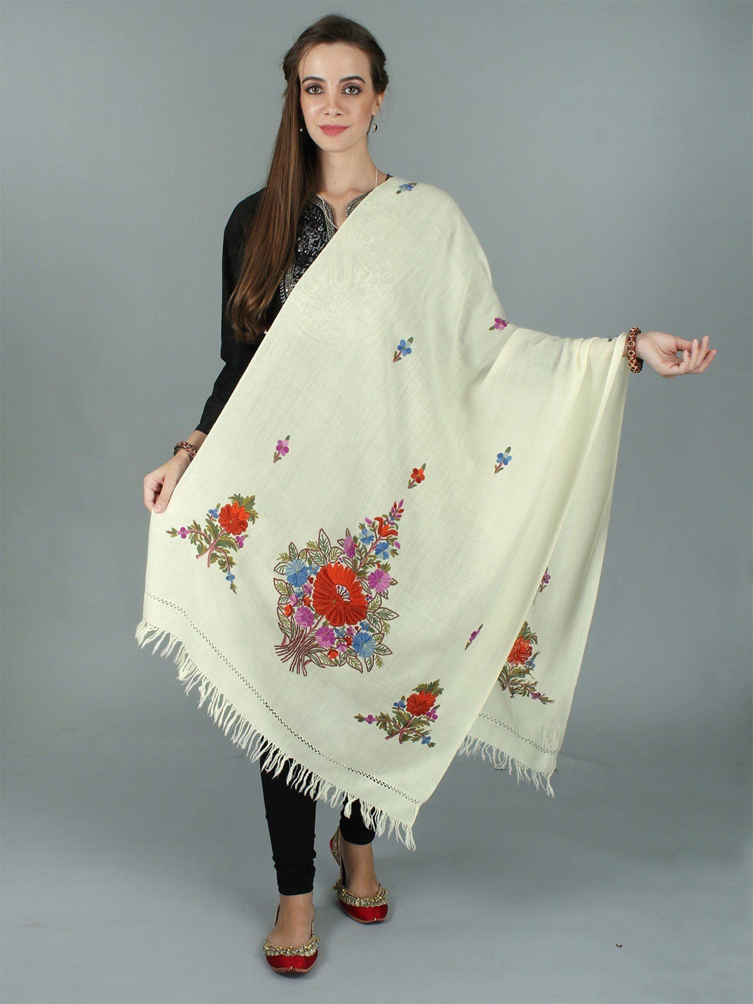 

Exotic India Cream Pure Wool Hand-Embroidered Floral Vine Kashmiri Stole