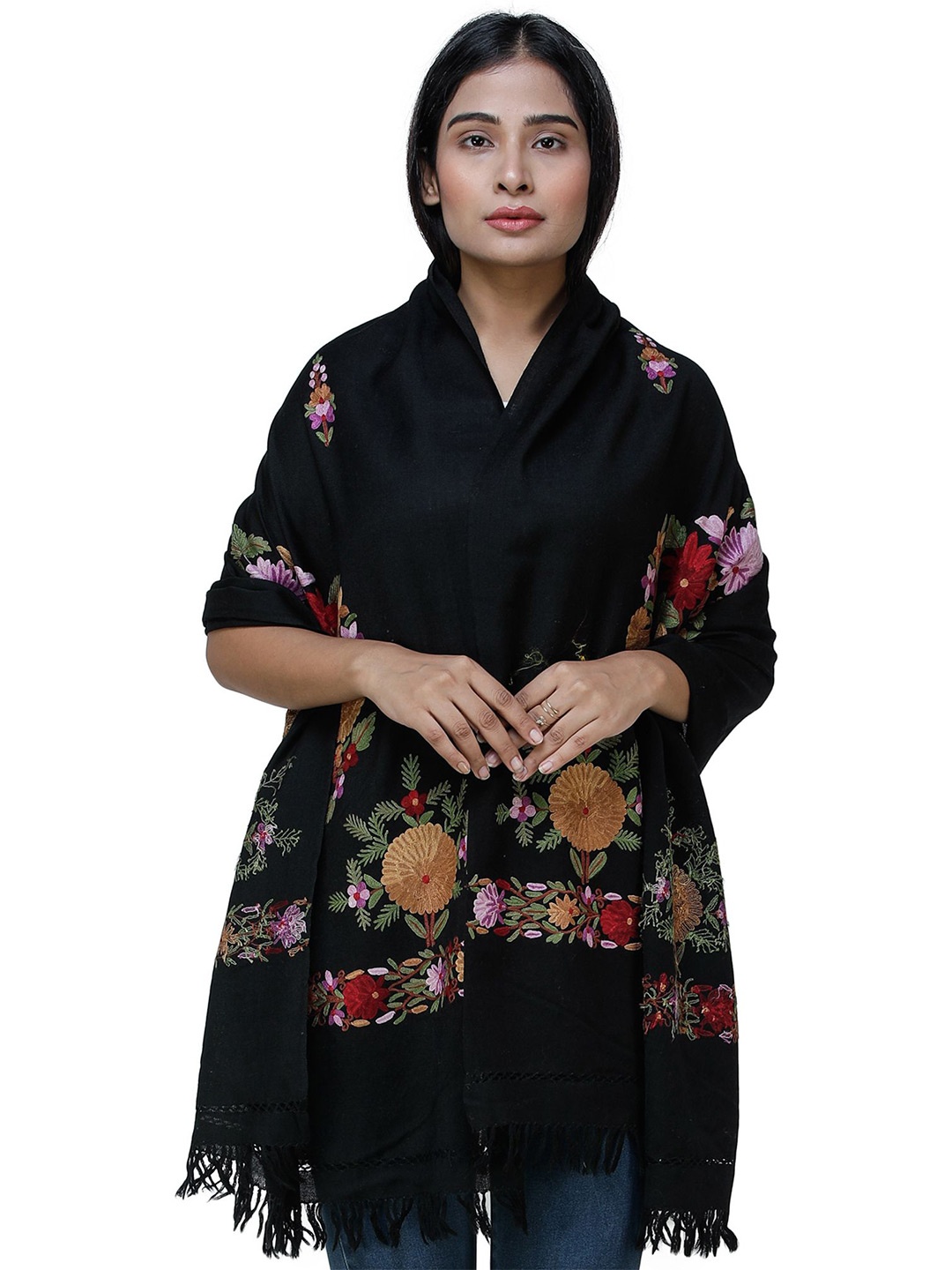 

Exotic India Caviar Black Traditional Woolen Kashmiri Stole with Hand-Embroidered Flowers