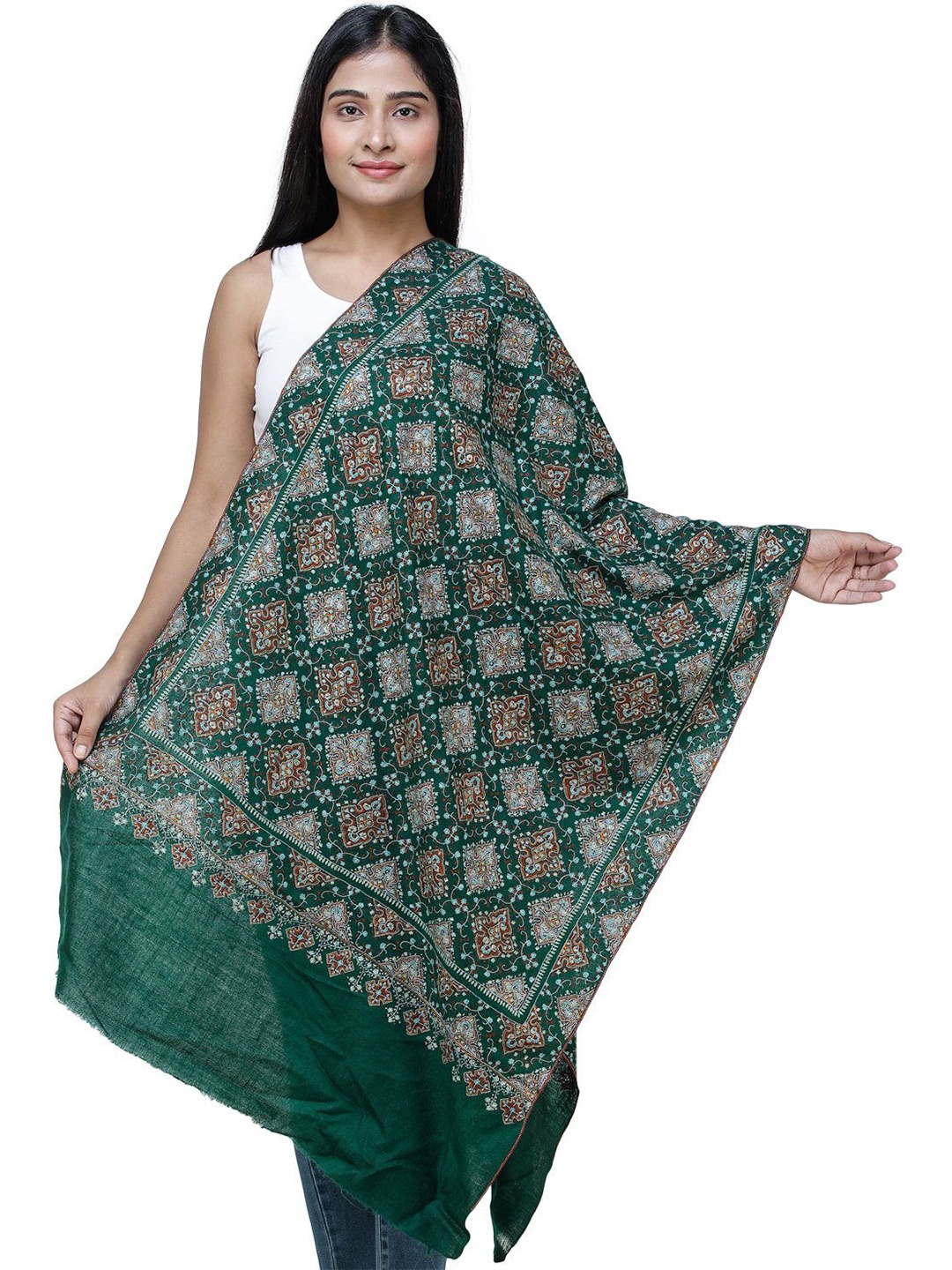 

Exotic India Eden Green Intricate Hand Embroidered Pashmina Kashmiri Stole