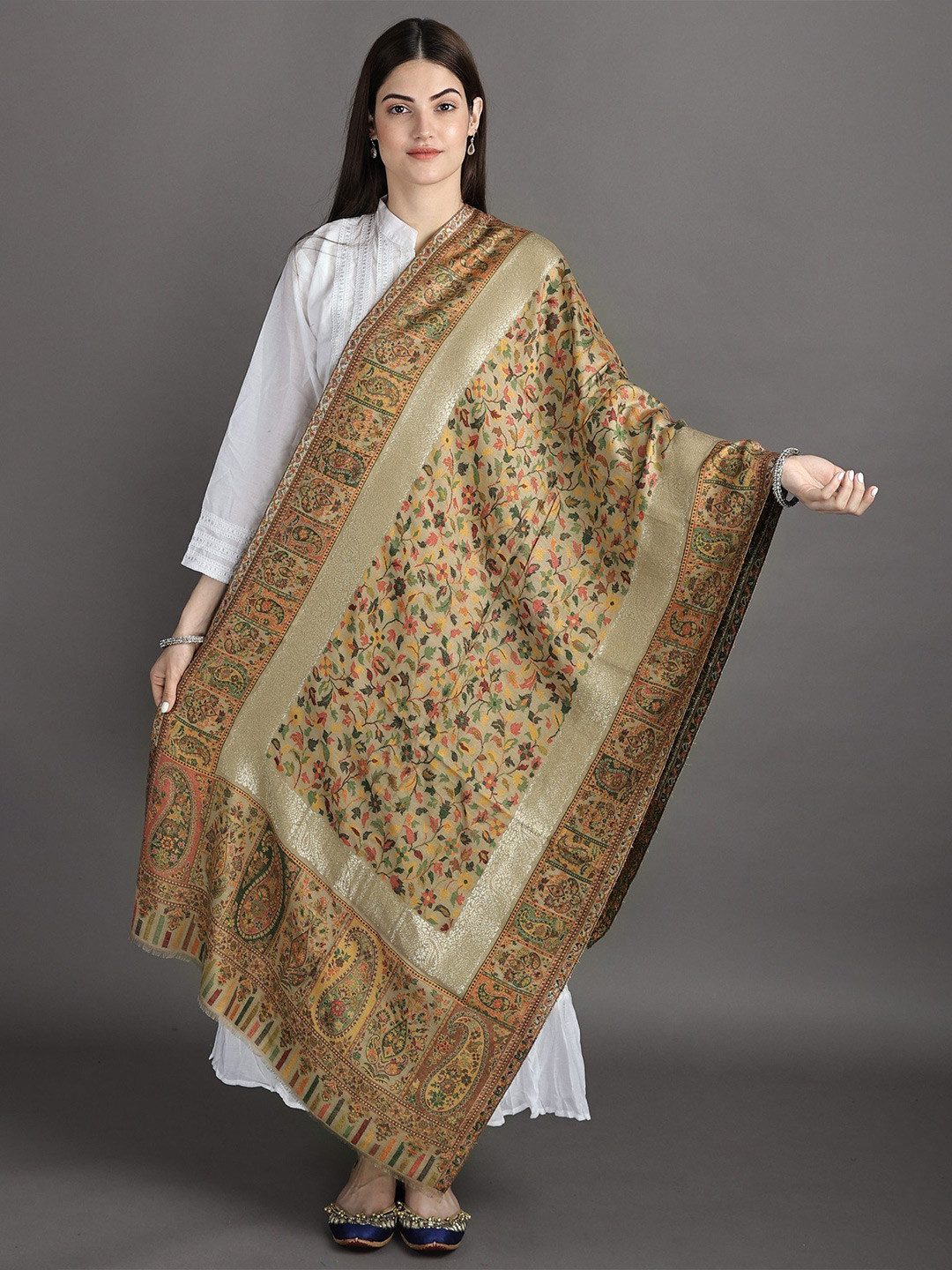 

Exotic India Incense Woven Flowers Kani Jamawar Stole with Golden Border, Beige