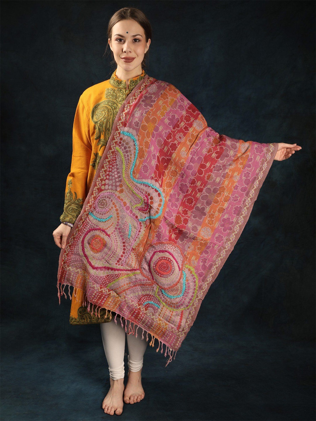 

Exotic India Multicolor Jamawar Stole with Woolen Thread Embroidered Flowers, Red