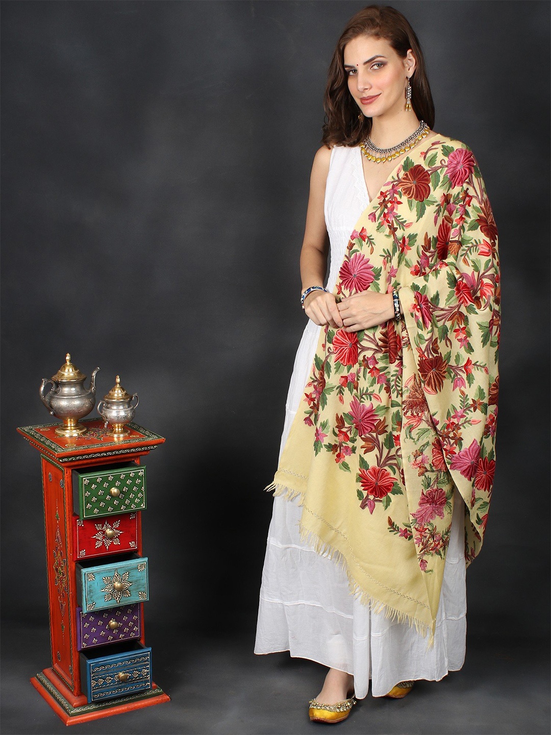 

Exotic India Buttercream Aari Hand-Embroidered Floral Motifs Woolen Kashmiri Stole, Cream