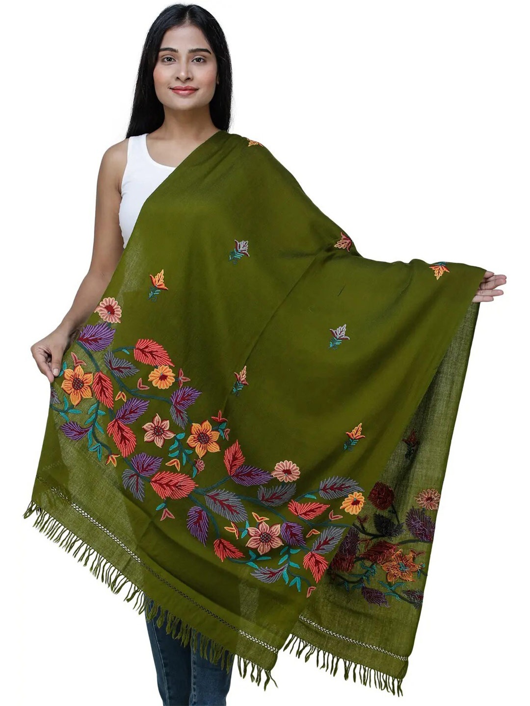

Exotic India Olive Branch Hand-Embroidered Flowers Traditional Woolen Kashmiri Stole