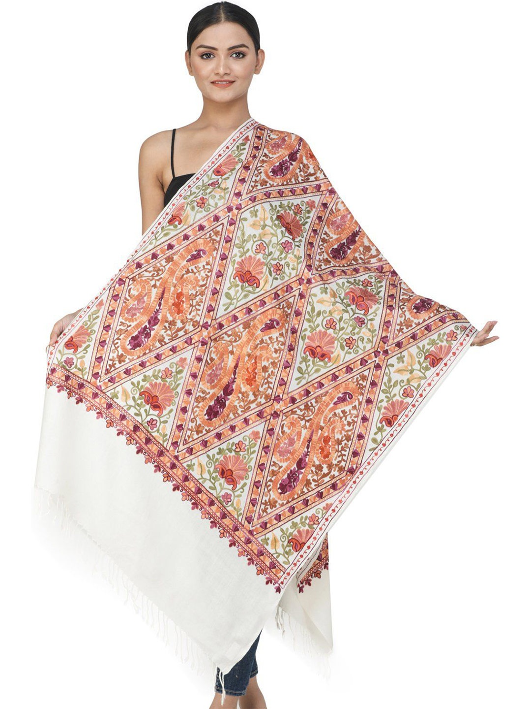 

Exotic India Gold Ivory Aari Embroidered Paisleys and Flowers Pure Wool Kashmiri Stole, Beige