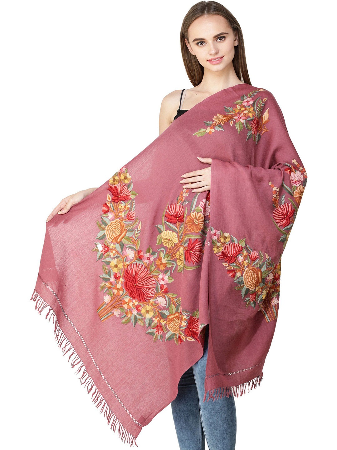 

Exotic India Mauvewood Pure Wool Kashmiri Stole with Hand-Embroidered Flowers, Mauve