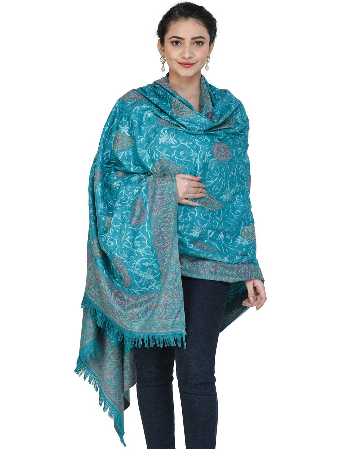 

Exotic India Blue Jamawar Stole withWoven Paisleys in Thread and Aari Embroidery