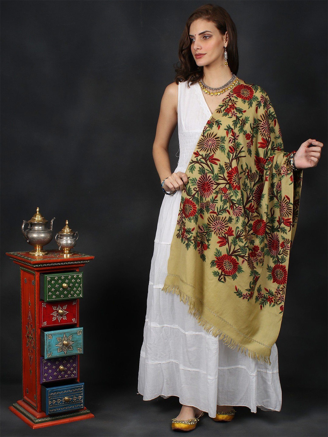 

Exotic India Silver Fern Aari Hand-Embroidered Floral Motifs Woolen Kashmiri Stole, Beige