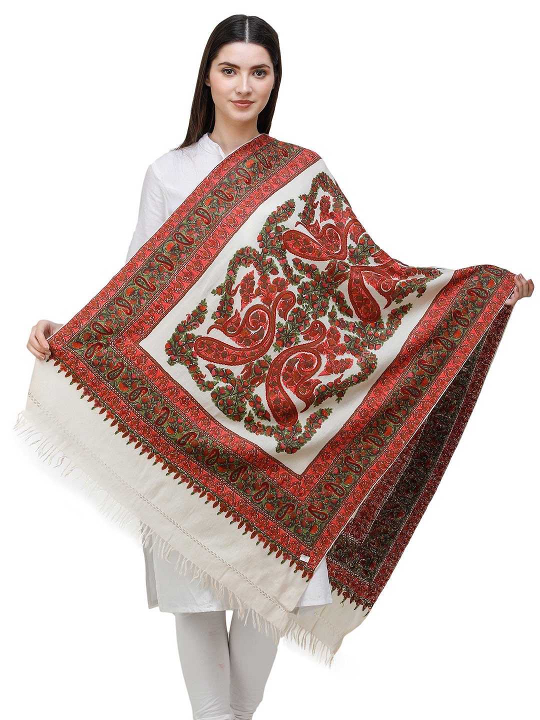 

Exotic India Whisper White Traditional Woolen Kashmiri Stole with Hand-Embroidered Paisley