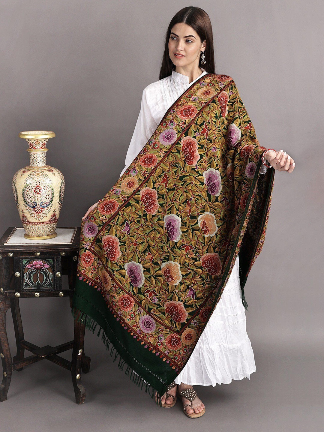 

Exotic India Greener Pastures Pure Wool Aari Hand Embroidered Giant Flowers Kashmiri Stole, Green