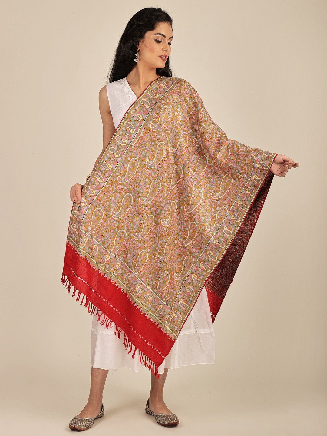 

Exotic India High Risk Red Aari Hand-Embroidered Floral Paisley Woolen Kashmiri Stole
