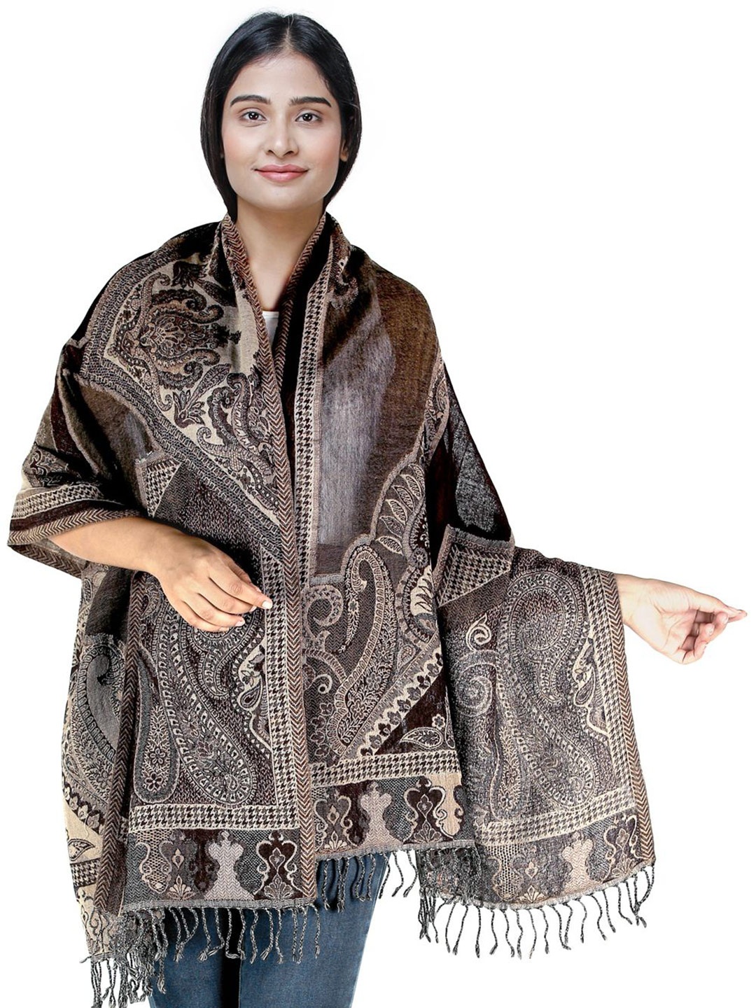 

Exotic India Reversible Cutwork Jamawar Stole with Tassels, Brown