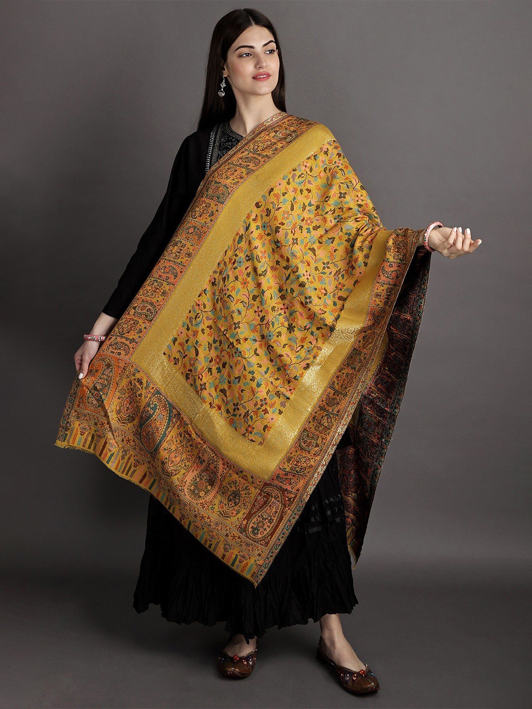 

Exotic India Sunflower Woven Flowers Kani Jamawar Stole with Golden Border, Yellow