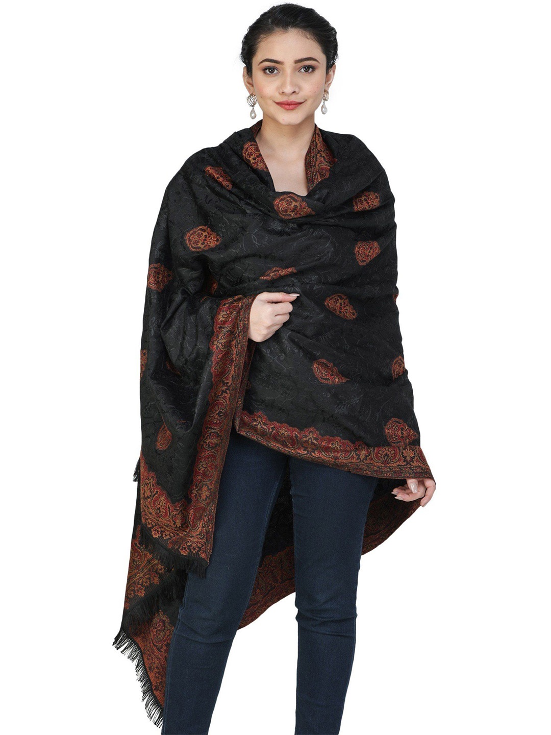 

Exotic India Jamawar Black Stole with Aari Embroidered in Self-Colored Thread