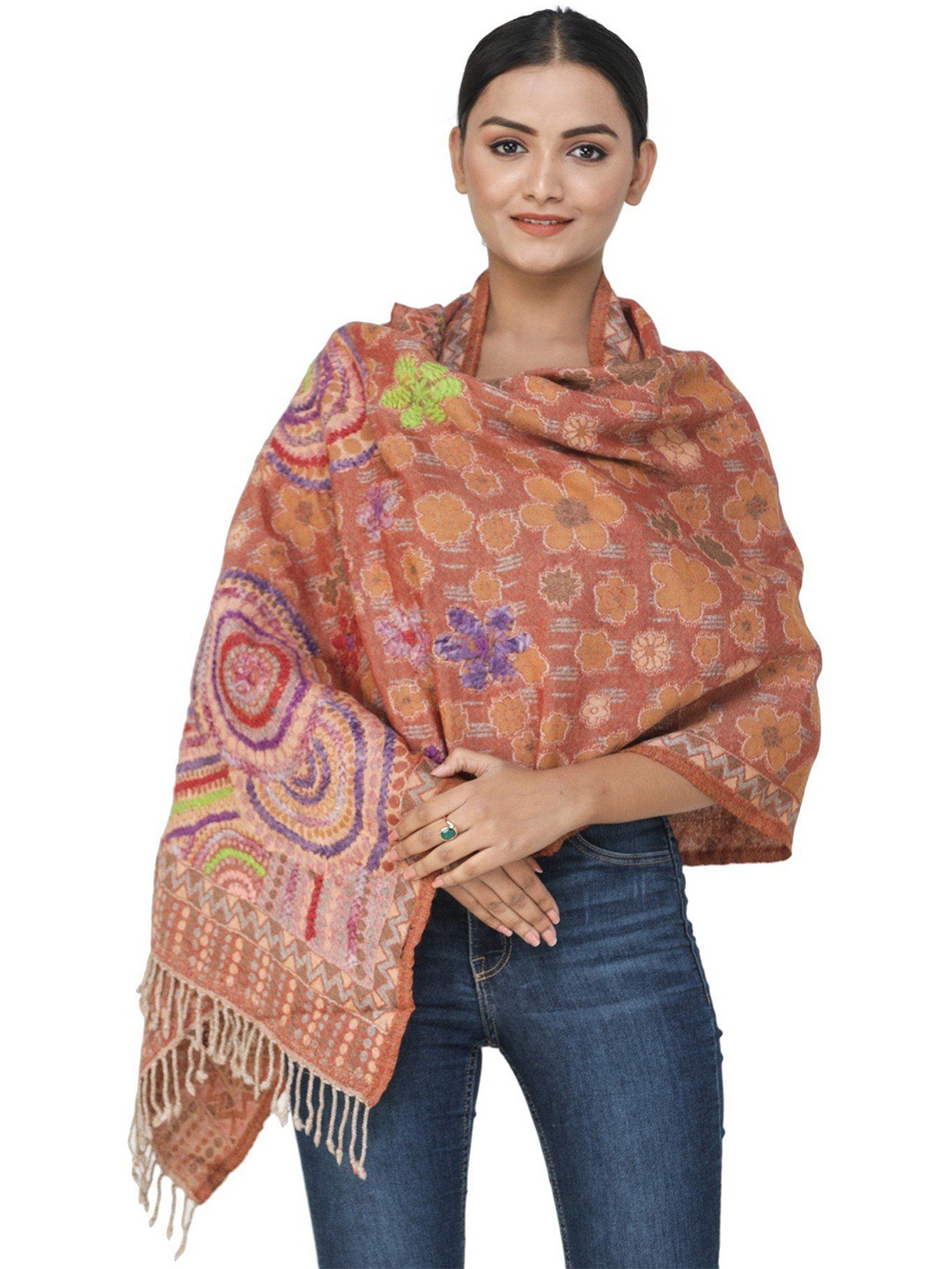 

Exotic India Redwood Burl Jamawar Stole with Woolen Thread Embroidered Flowers, Peach