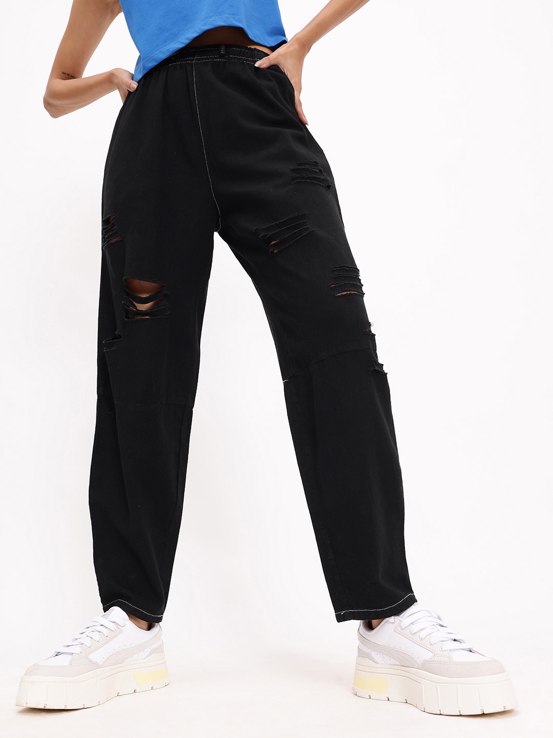 

DressBerry Women Lived-In Charm Distressed Pure Cotton Slouchy Fit Jeans, Black