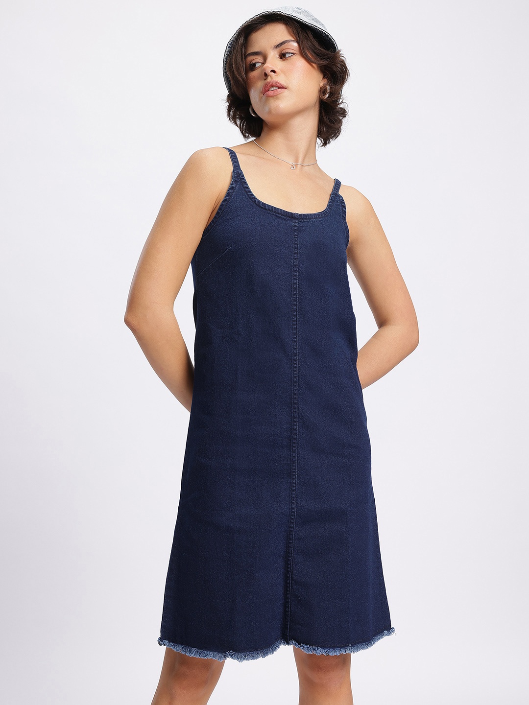 

DressBerry Denim Diva Frayed Hem Shoulder Straps Dress, Navy blue