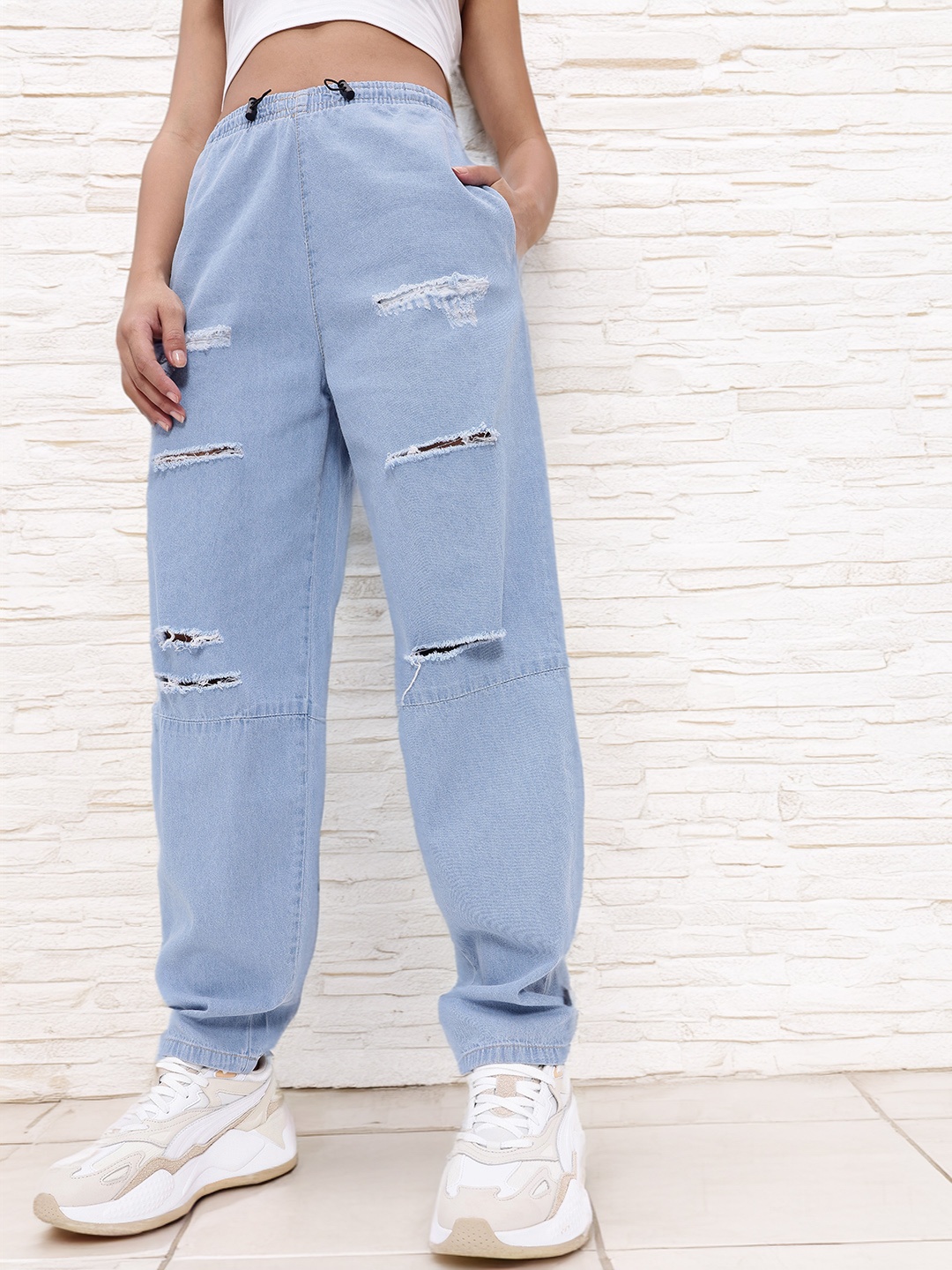 

The Roadster Life Co. Women Comfort Upgrade Ripped Pure Cotton Slouchy Jeans, Blue