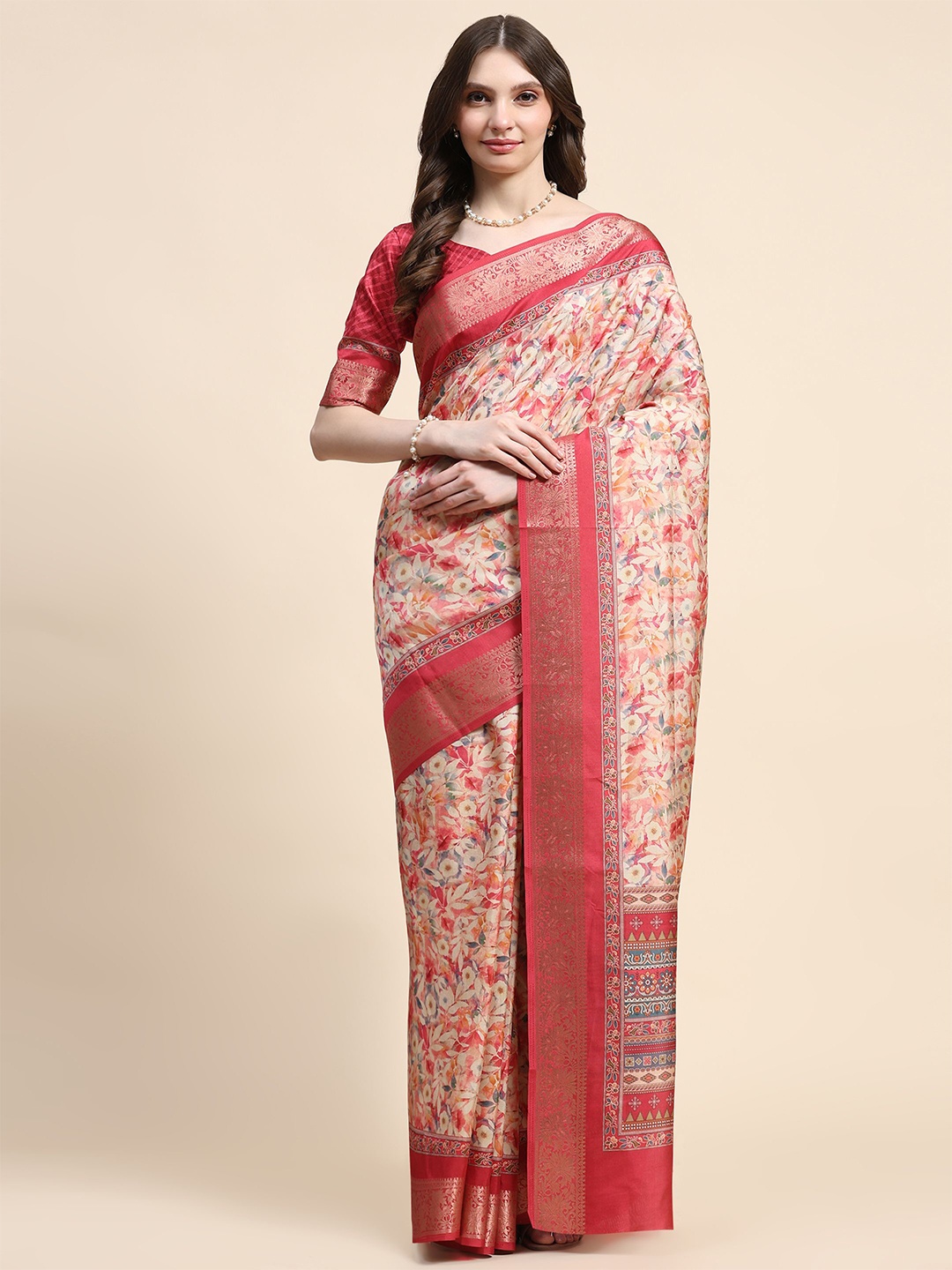 

PRATIBIMB Ethnic Motifs Zari Pure Silk Saree, Red