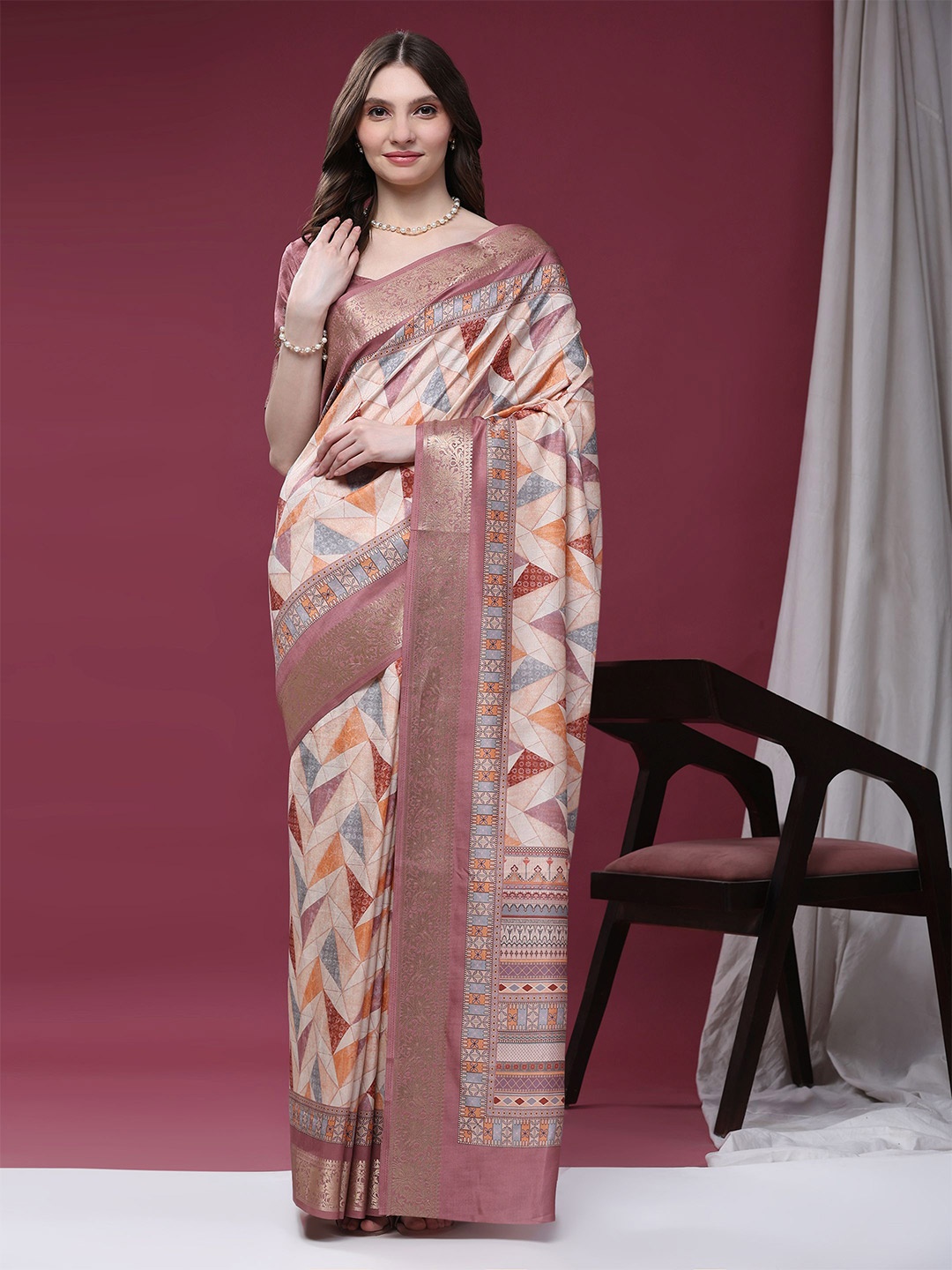 

PRATIBIMB Printed Zari Pure Silk Saree, Beige