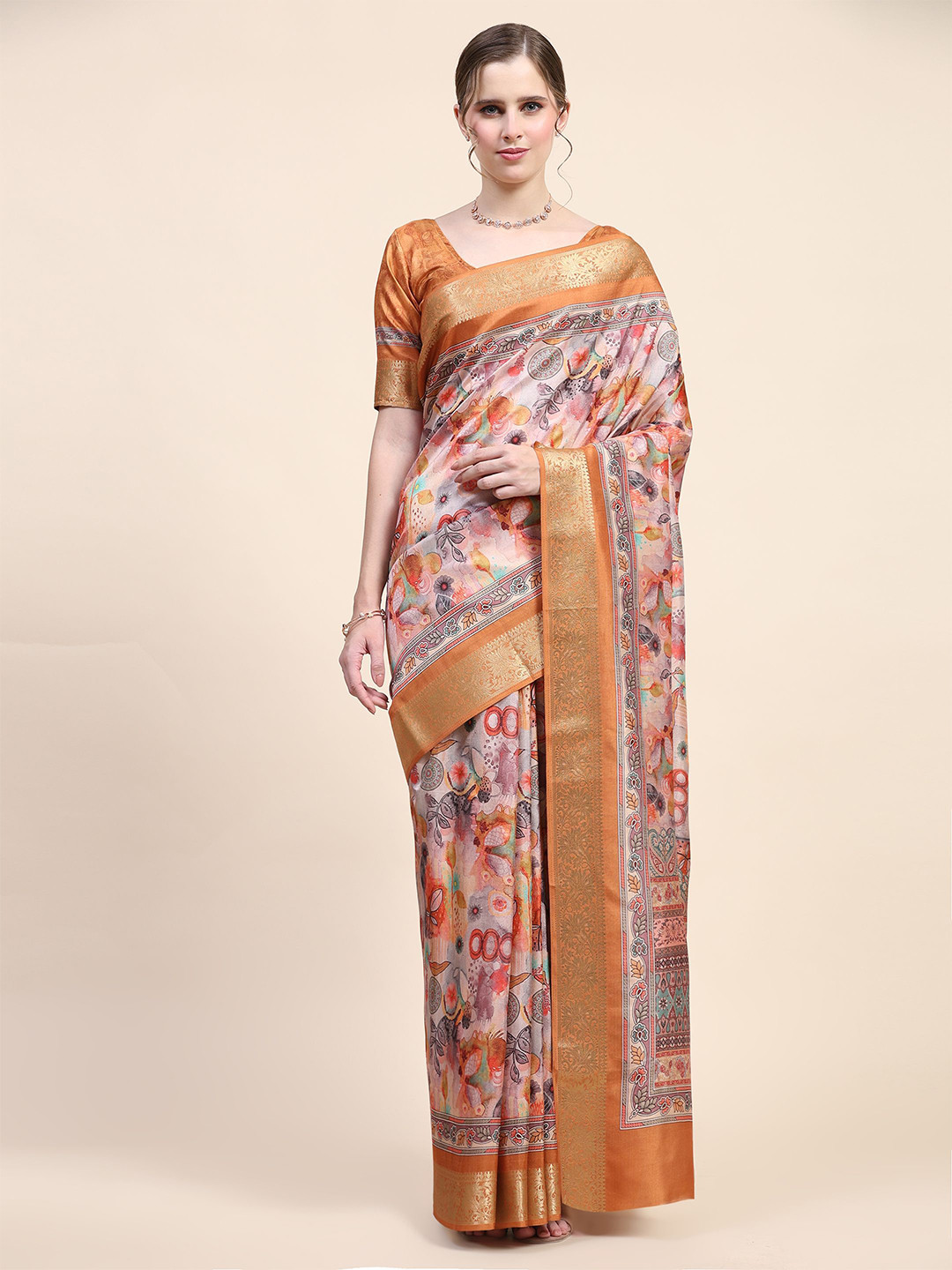 

PRATIBIMB Floral Printed Zari Pure Silk Saree, Mustard